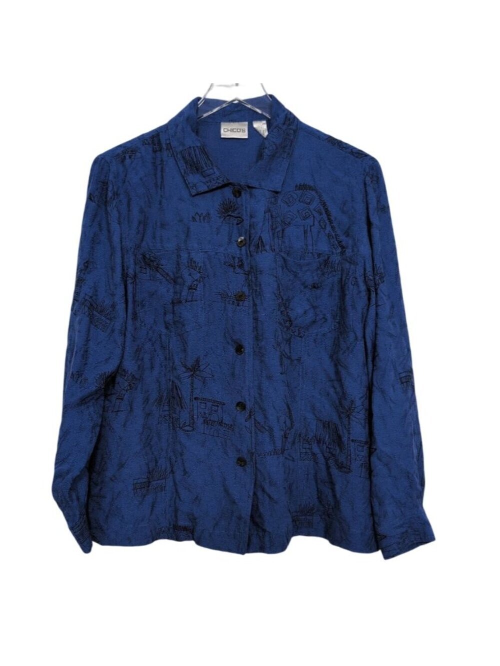 Chicos 2 Silk Sketch Shirt Womens Size Large Blue Tribal Animal Button Front